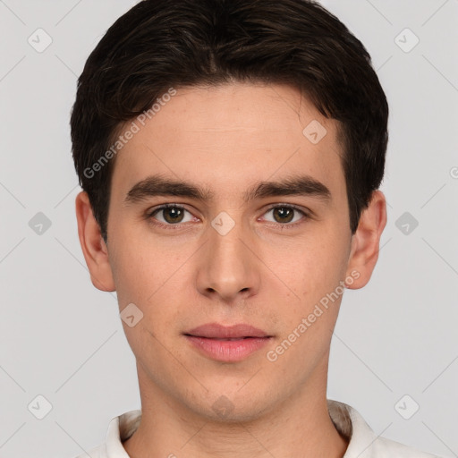 Neutral white young-adult male with short  brown hair and brown eyes