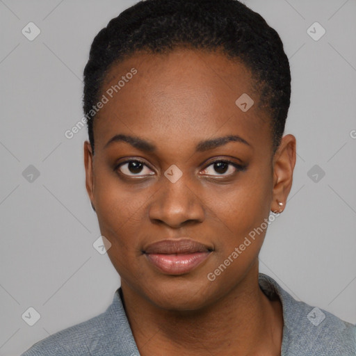 Joyful black young-adult female with short  black hair and brown eyes