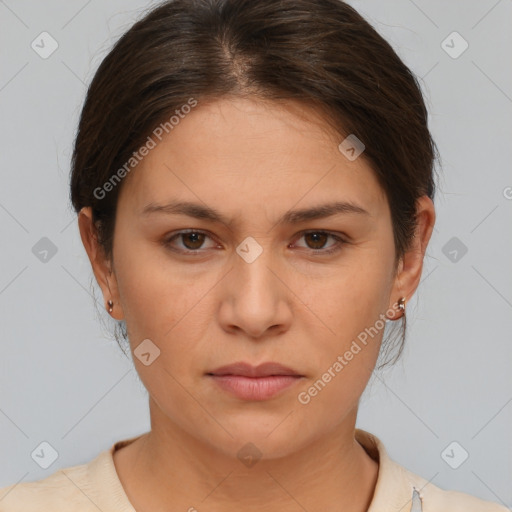 Neutral white young-adult female with short  brown hair and brown eyes