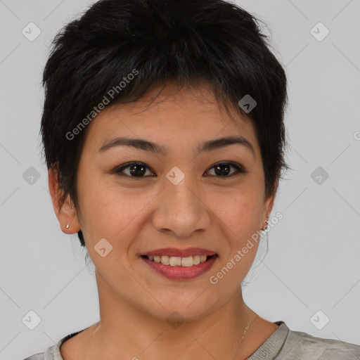 Joyful asian young-adult female with short  brown hair and brown eyes