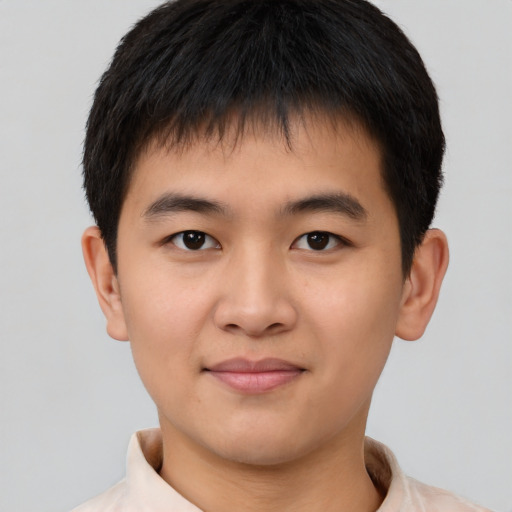 Joyful asian child male with short  brown hair and brown eyes