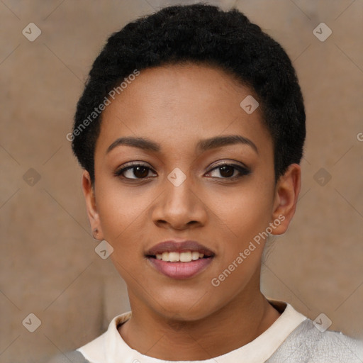 Joyful latino young-adult female with short  black hair and brown eyes