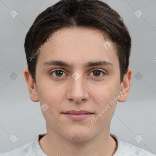 Neutral white young-adult male with short  brown hair and brown eyes