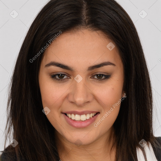 Joyful white young-adult female with long  brown hair and brown eyes