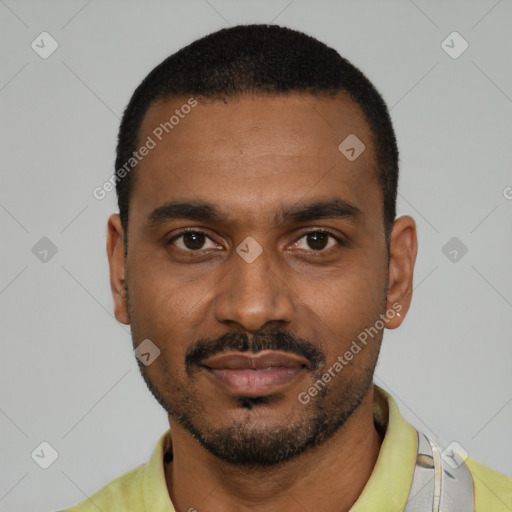 Neutral black young-adult male with short  black hair and brown eyes