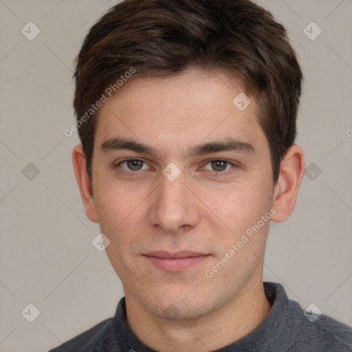 Neutral white young-adult male with short  brown hair and grey eyes