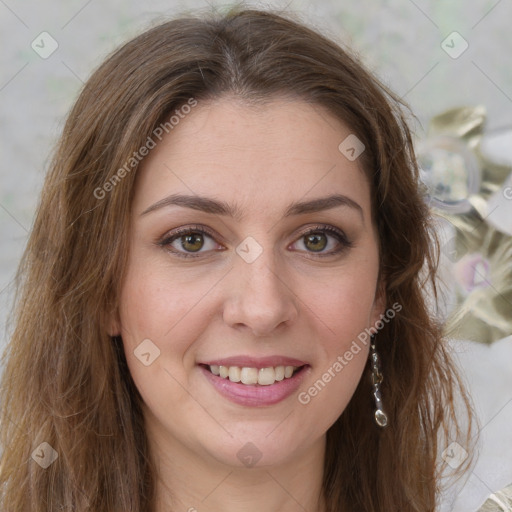 Joyful white young-adult female with medium  brown hair and green eyes