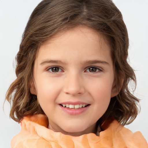 Joyful white child female with medium  brown hair and brown eyes