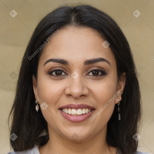 Joyful latino young-adult female with medium  brown hair and brown eyes