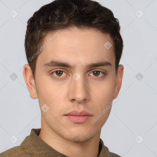 Neutral white young-adult male with short  brown hair and brown eyes