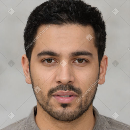 Neutral latino young-adult male with short  black hair and brown eyes