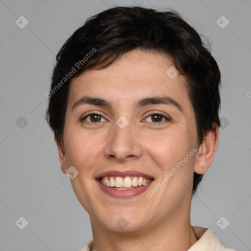 Joyful white young-adult female with short  brown hair and brown eyes