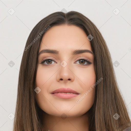 Neutral white young-adult female with long  brown hair and brown eyes