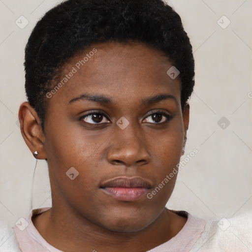 Neutral black young-adult female with short  brown hair and brown eyes