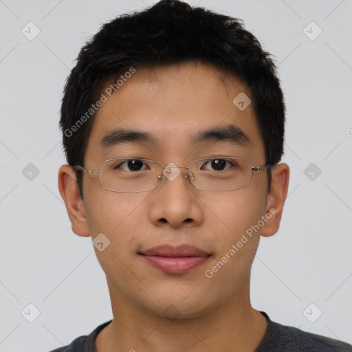 Neutral asian young-adult male with short  brown hair and brown eyes