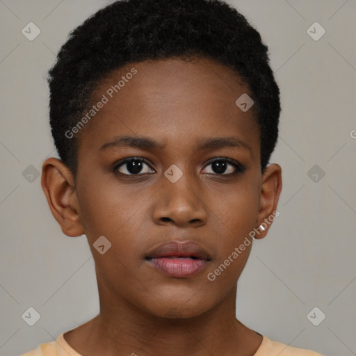 Neutral black young-adult female with short  brown hair and brown eyes