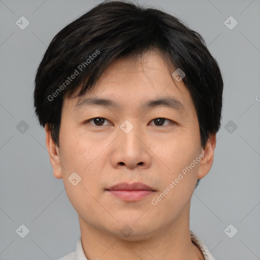 Neutral asian young-adult male with short  black hair and brown eyes