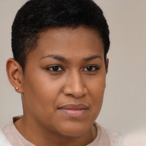 Joyful black young-adult female with short  brown hair and brown eyes