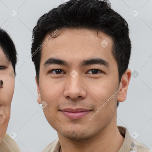 Neutral asian young-adult male with short  black hair and brown eyes