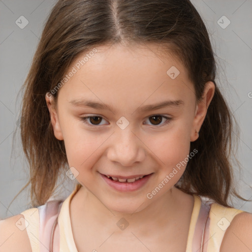 Joyful white child female with medium  brown hair and brown eyes