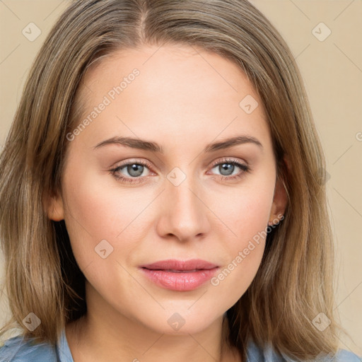 Joyful white young-adult female with medium  brown hair and blue eyes