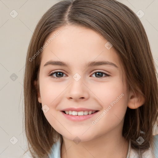 Joyful white child female with medium  brown hair and brown eyes