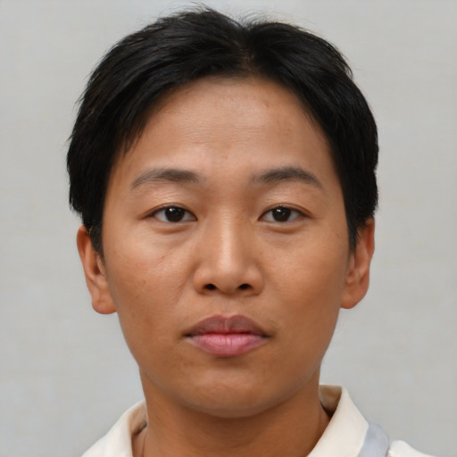 Neutral asian young-adult female with short  brown hair and brown eyes