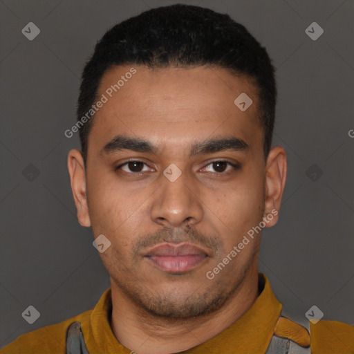 Neutral latino young-adult male with short  black hair and brown eyes