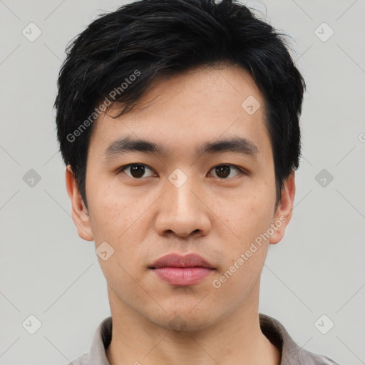 Neutral asian young-adult male with short  black hair and brown eyes