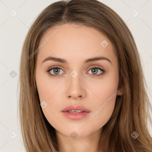 Neutral white young-adult female with long  brown hair and brown eyes