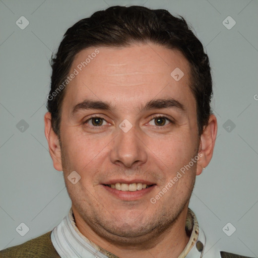 Joyful white adult male with short  brown hair and grey eyes