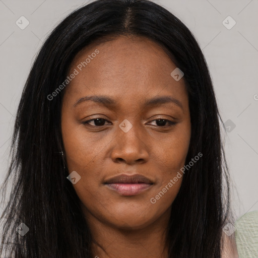 Joyful asian young-adult female with long  brown hair and brown eyes