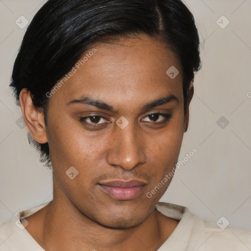 Neutral asian young-adult male with short  brown hair and brown eyes