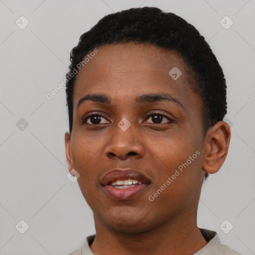 Neutral black young-adult female with short  black hair and brown eyes