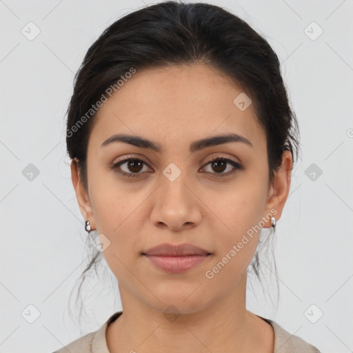 Joyful latino young-adult female with medium  brown hair and brown eyes