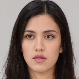 Neutral asian young-adult female with long  brown hair and brown eyes