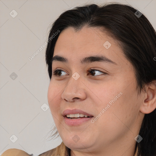 Joyful white young-adult male with medium  brown hair and brown eyes