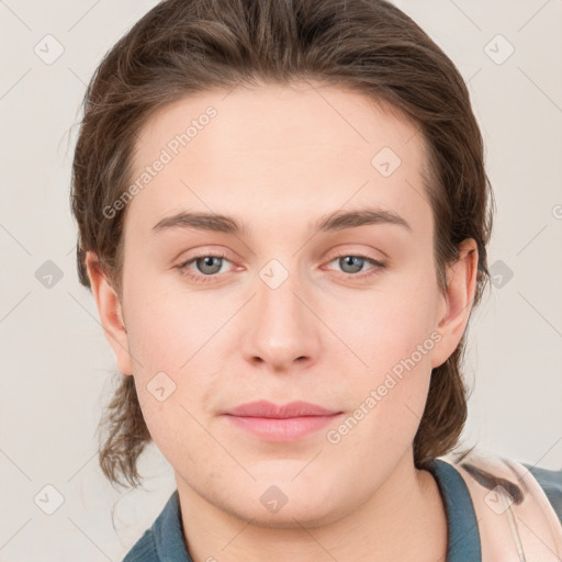 Neutral white young-adult female with medium  brown hair and grey eyes