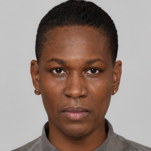 Neutral black young-adult female with short  black hair and brown eyes