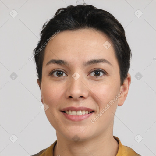 Joyful white young-adult female with short  brown hair and brown eyes