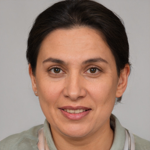 Joyful white adult female with medium  brown hair and brown eyes