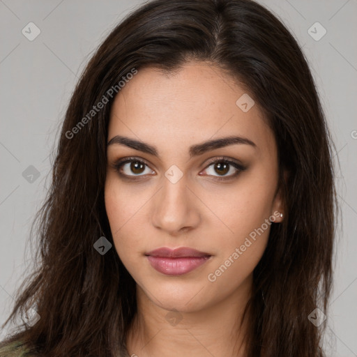 Neutral white young-adult female with long  brown hair and brown eyes