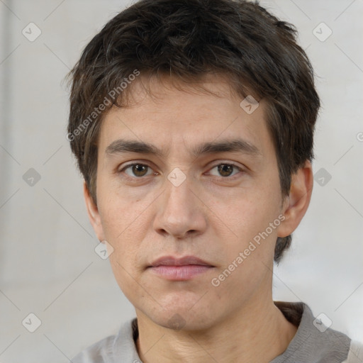 Neutral white young-adult male with short  brown hair and brown eyes