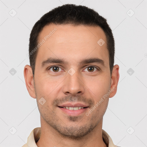 Joyful white young-adult male with short  brown hair and brown eyes