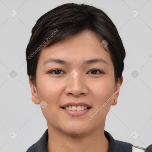 Joyful asian young-adult female with short  brown hair and brown eyes