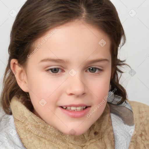 Joyful white child female with medium  brown hair and brown eyes