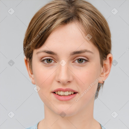 Joyful white young-adult female with medium  brown hair and grey eyes