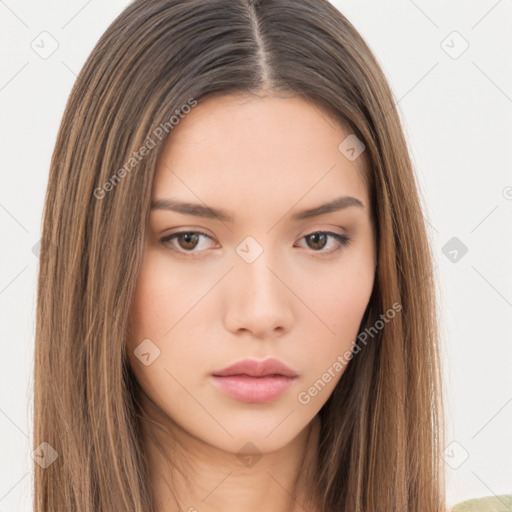 Neutral white young-adult female with long  brown hair and brown eyes