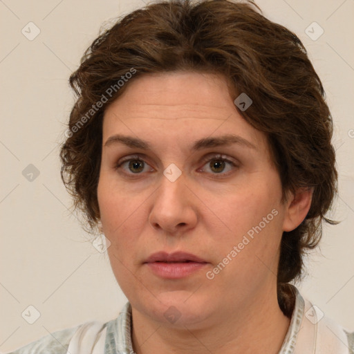 Joyful white young-adult female with medium  brown hair and green eyes