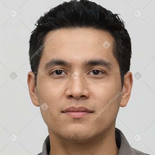 Neutral asian young-adult male with short  black hair and brown eyes